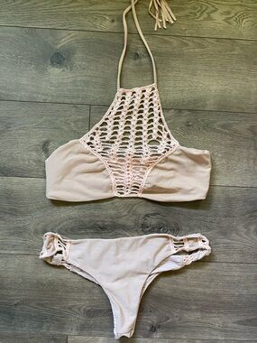 acacia swimwear Striped Crochet Bikini in Pale Blush